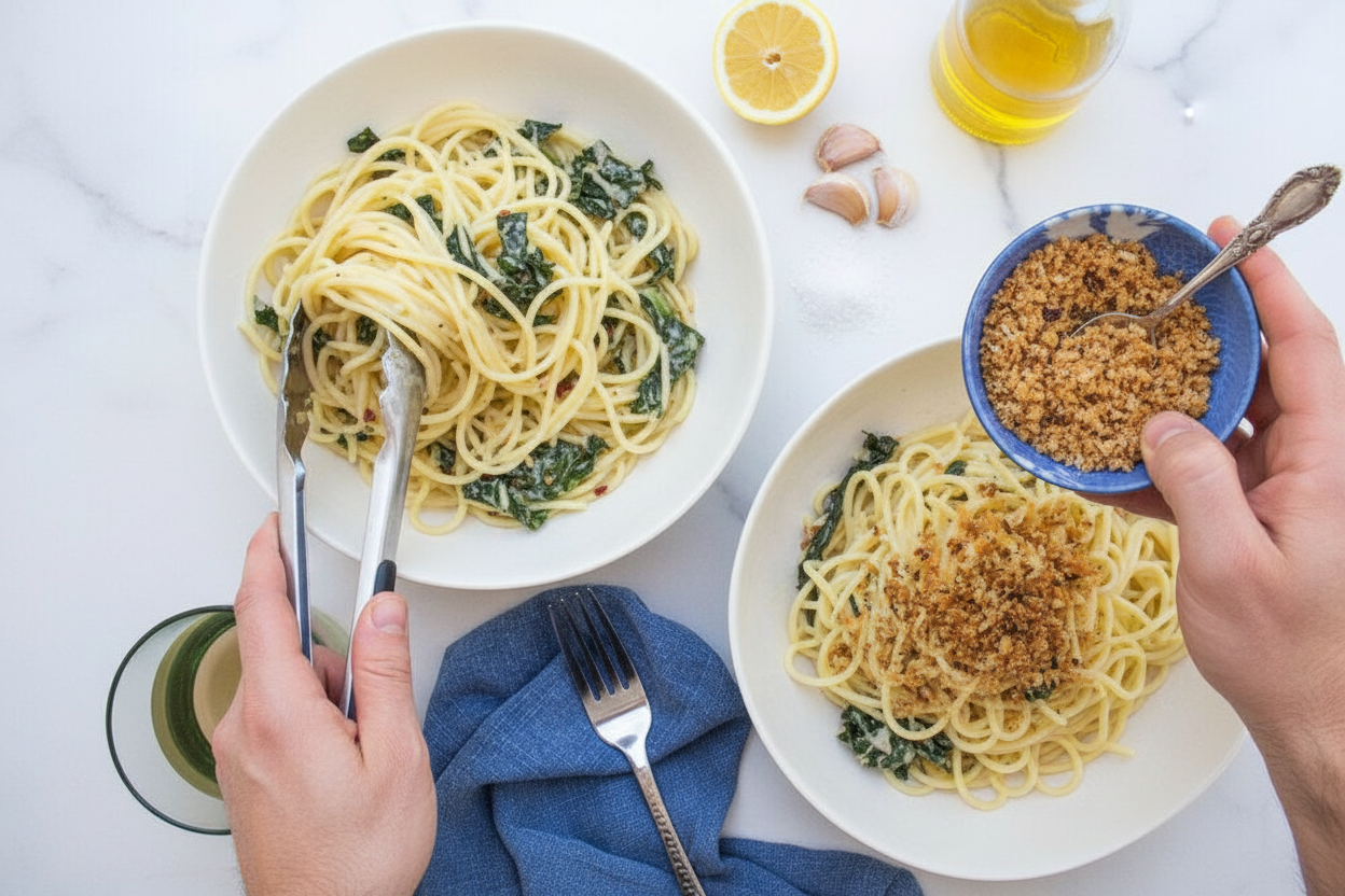 Cheesy Kale Lemon Pasta with Lemon Parm Breadcrumbs