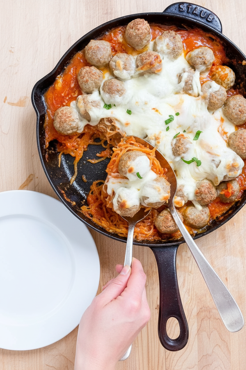 Cheesy Baked Spaghetti (Squash) and Meatballs | Caroline Chambers