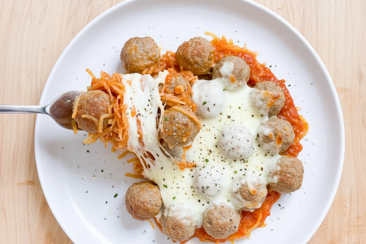 Cheesy Spaghetti Squash and Meatball Bake