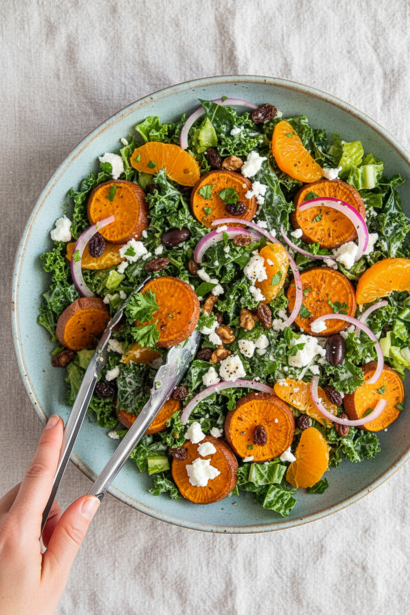 Souvla-Inspired Roasted Sweet Potato Kale Salad with Greek Yogurt Ranch | Caroline Chambers