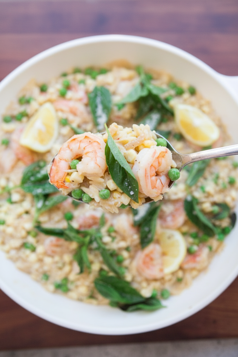 One-Pot Cheddar, Corn, and Basil Orzotto with Shrimp | Caroline Chambers