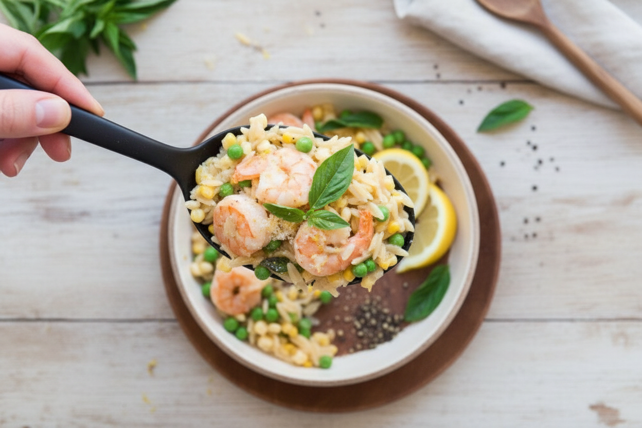 One Pot Cheddar Corn Basil Orzotto with Shrimp