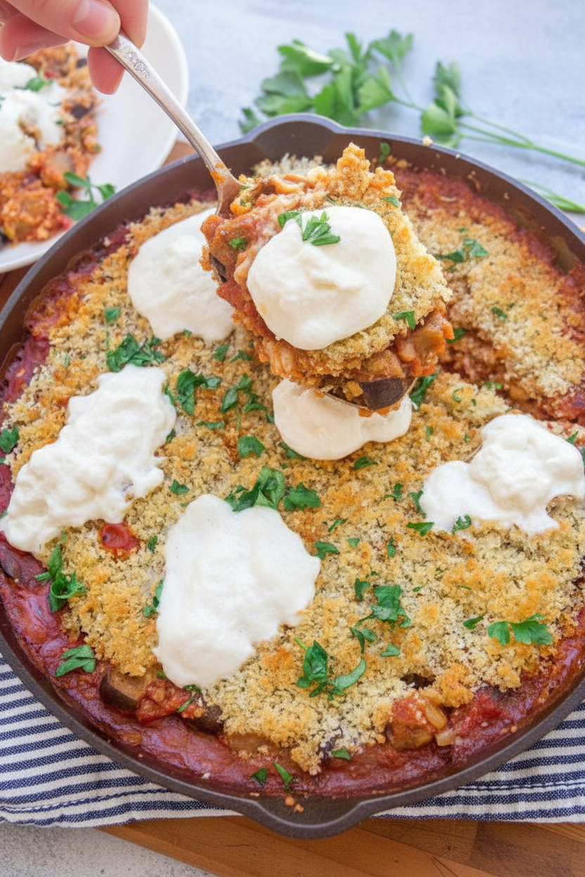 Trader Joe's Tuesday: One-Skillet Eggplant Parm with Burrata | Caroline Chambers