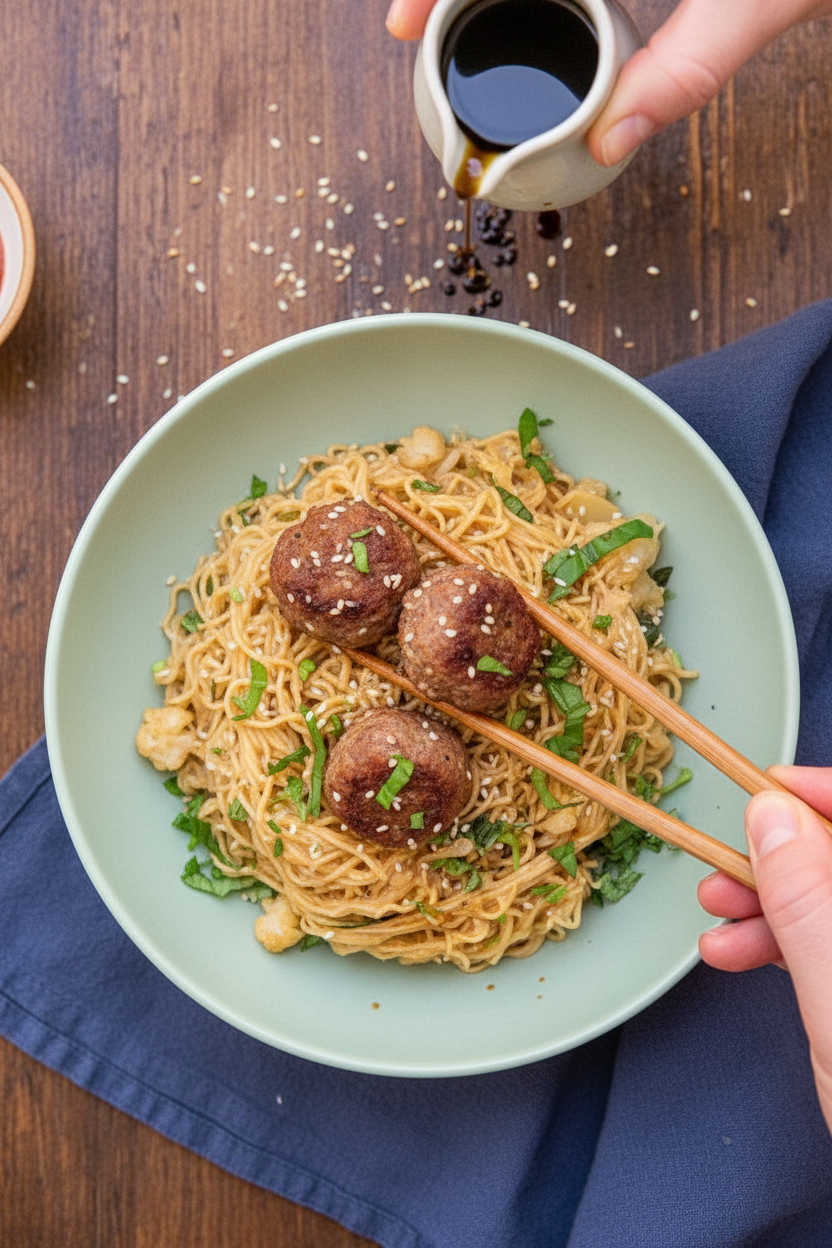 Sesame Butter Ramen Noodles with Cauliflower and Crispy Beef Meatballs | Caroline Chambers