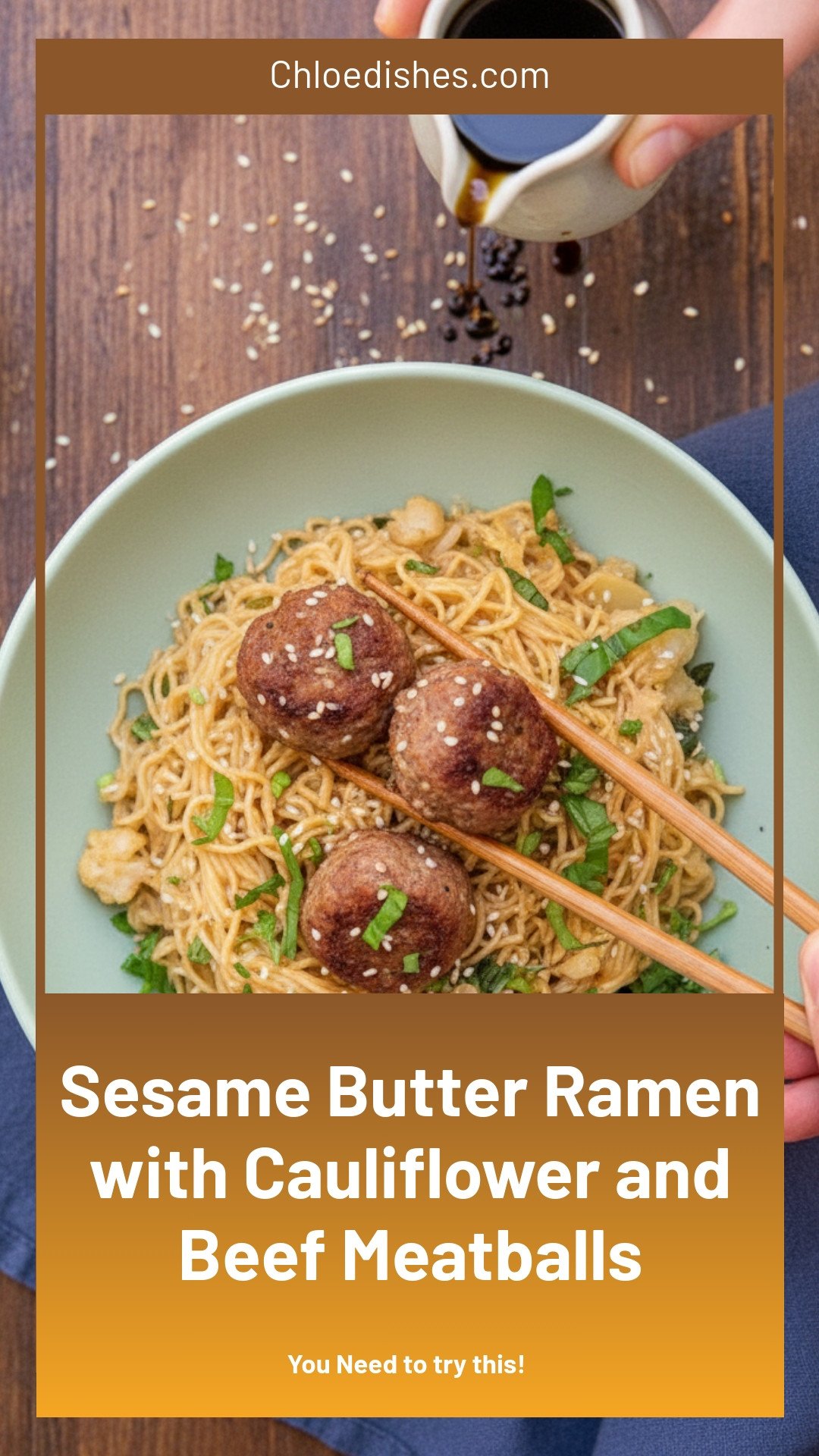 Sesame Butter Ramen Noodles with Cauliflower and Crispy Beef Meatballs | Caroline Chambers
