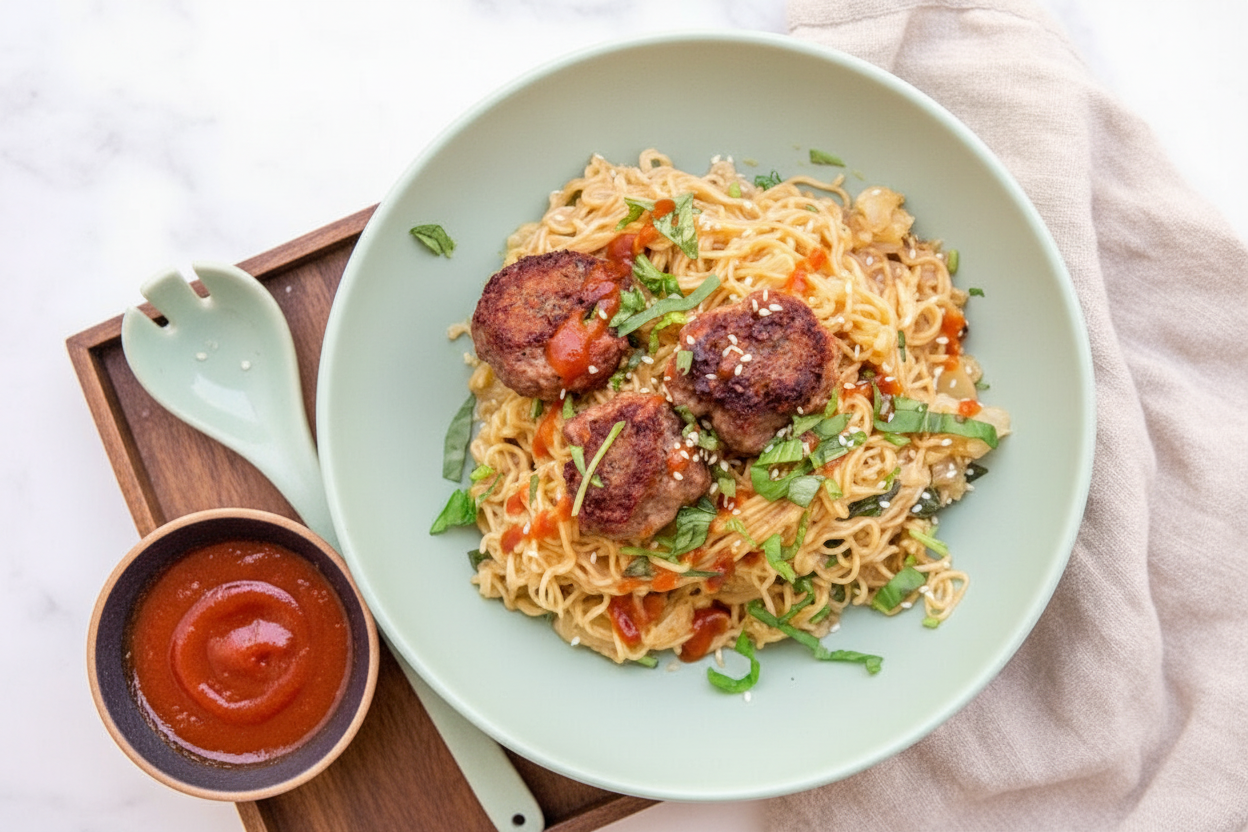 Sesame Butter Ramen with Cauliflower and Beef Meatballs