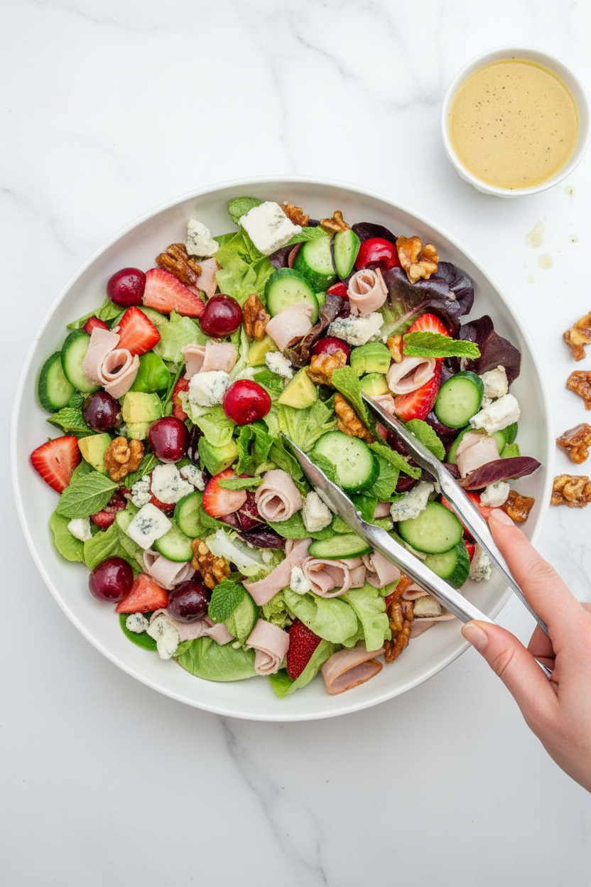 Summer Berry Cherry Salad with Ham, Salted Caramel Walnuts and Maple Vinaigrette | Caroline Chambers