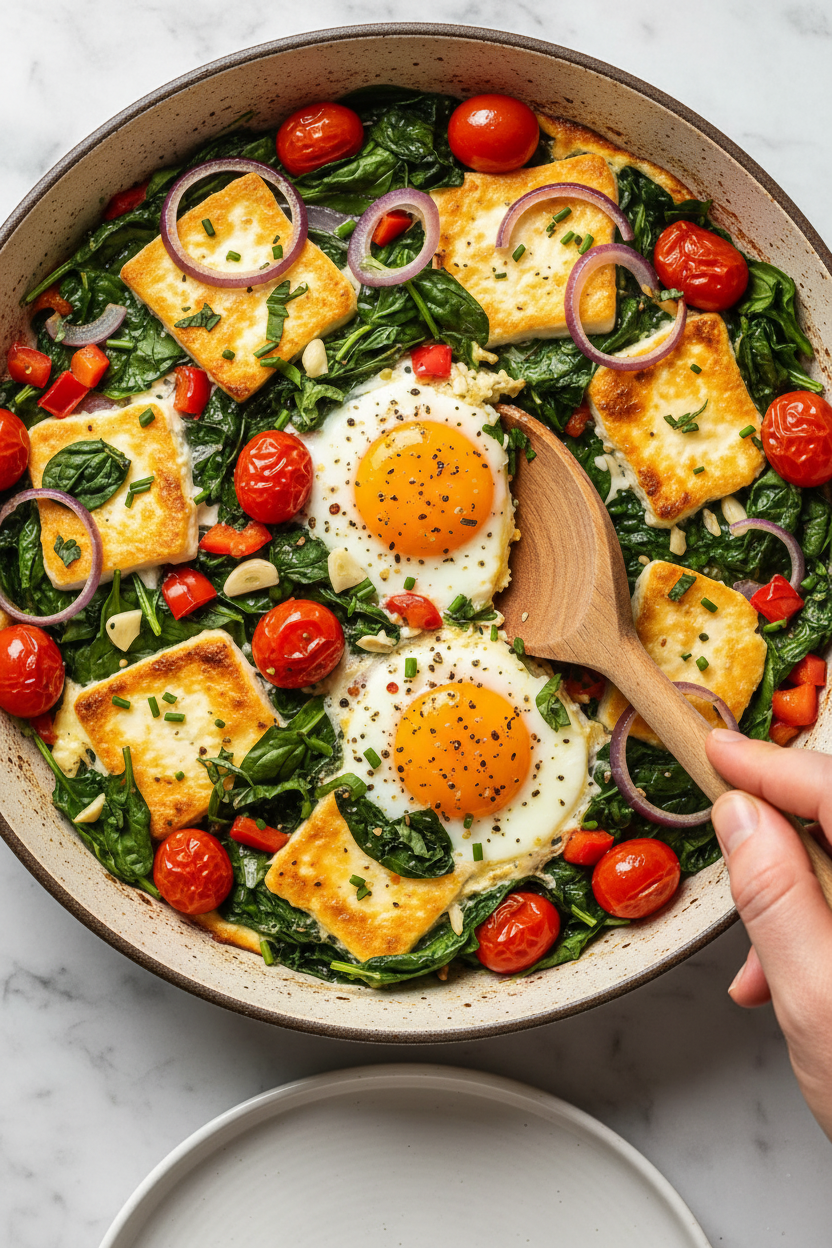 Baked Feta Eggs with Spinach and Tomatoes Recipe