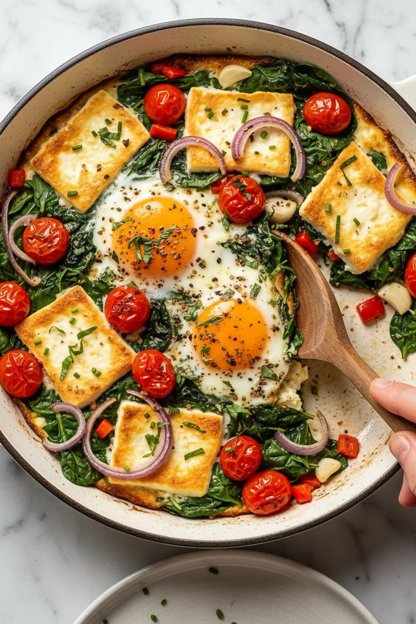 Baked Feta Eggs with Spinach and Tomatoes Recipe