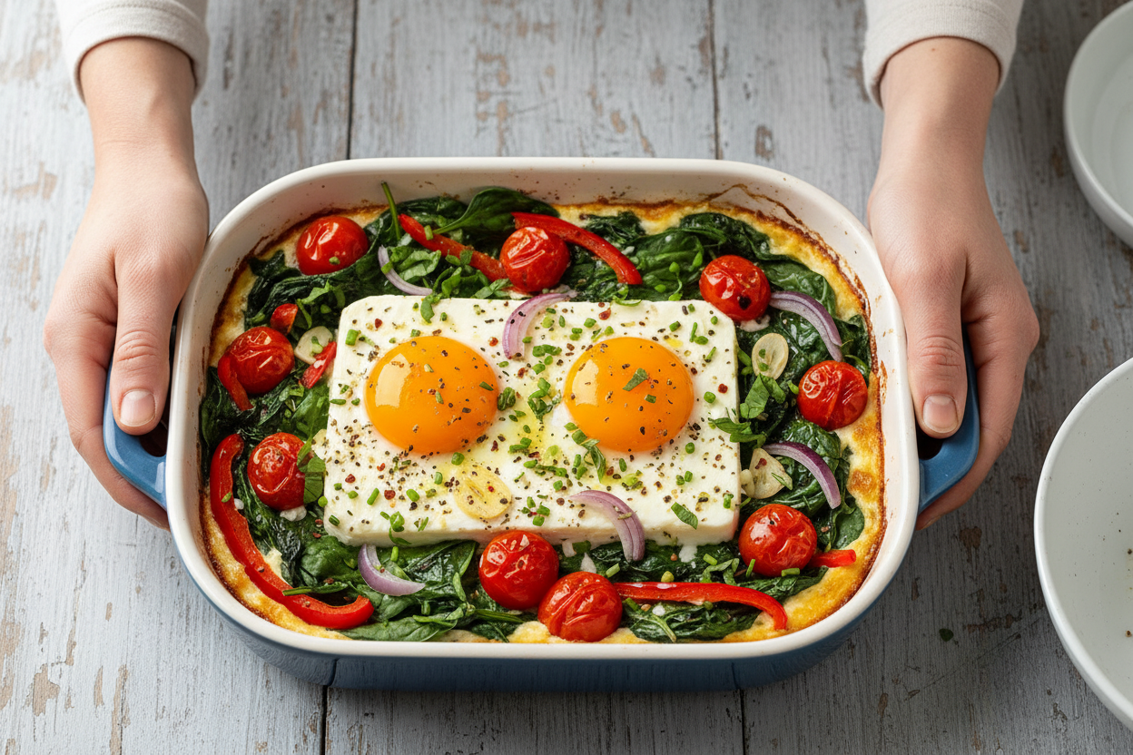 Baked Feta Eggs with Spinach and Tomatoes