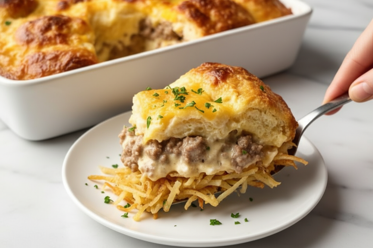 Biscuits and Gravy Hashbrown Breakfast Casserole