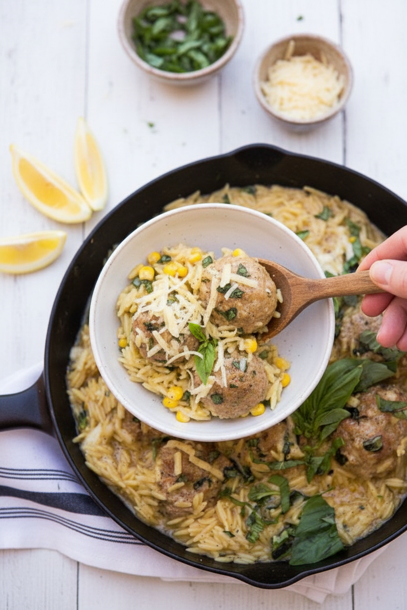 One-Pan Cheddar-Basil Turkey Meatballs with Cheesy Lemon Orzotto | Caroline Chambers
