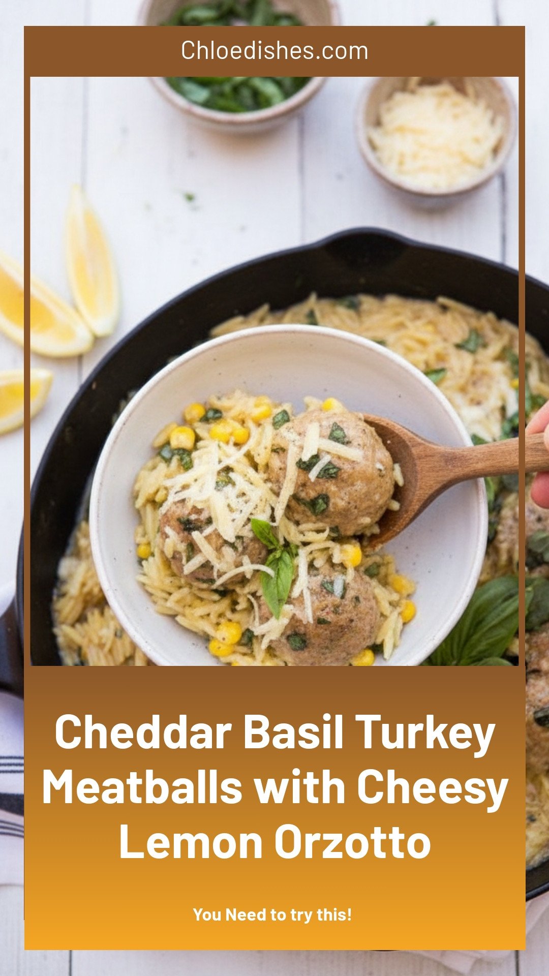 One-Pan Cheddar-Basil Turkey Meatballs with Cheesy Lemon Orzotto | Caroline Chambers