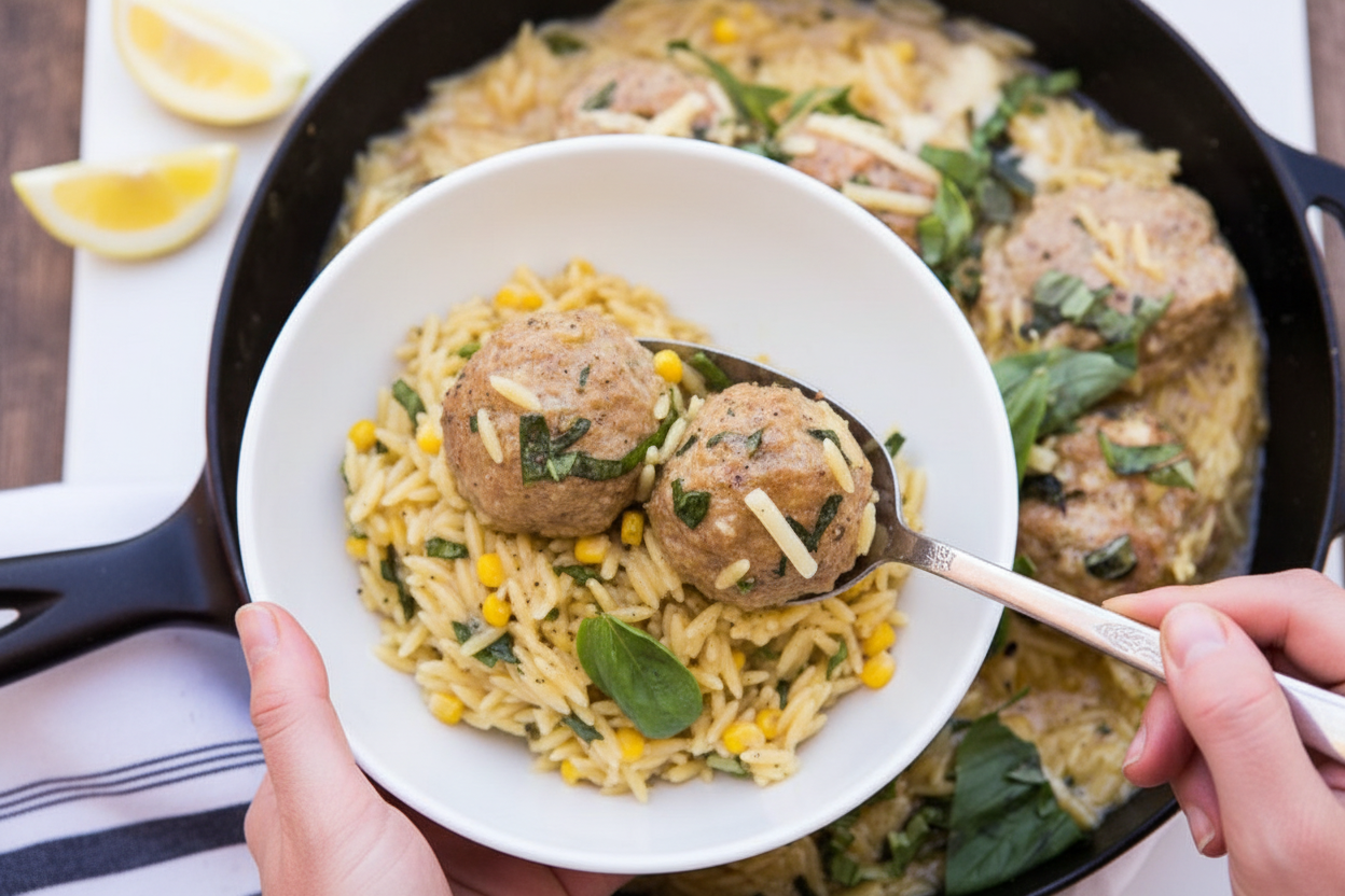 Cheddar Basil Turkey Meatballs with Cheesy Lemon Orzotto