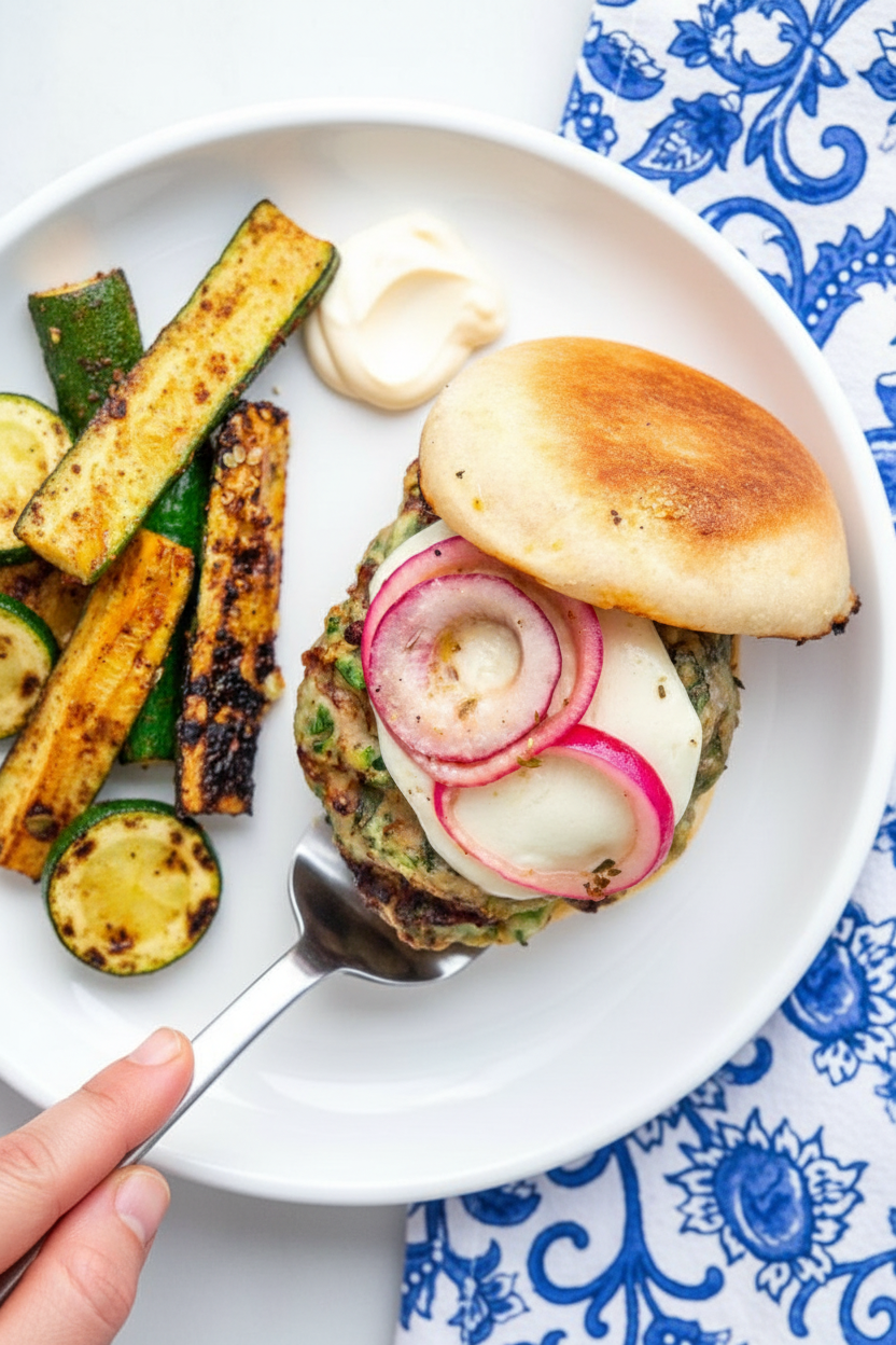 Chicken Sausage and Zucchini Burgers with Mozzarella and Marinated Red Onions | Caroline Chambers