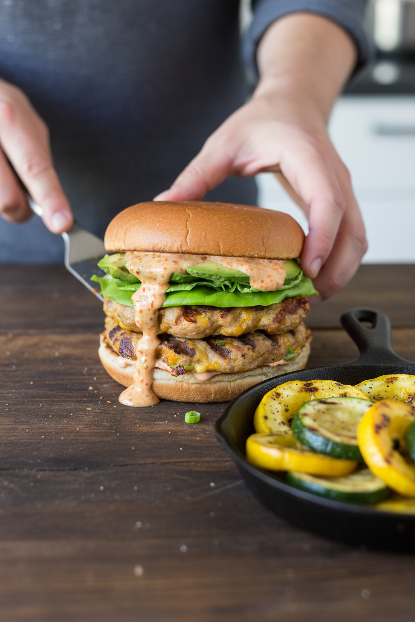 Cholula & Cheddar Turkey Burgers with Grilled Squash | Caroline Chambers