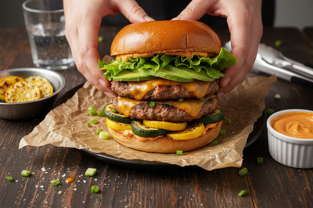 Cholula Cheddar Turkey Burgers with Grilled Squash