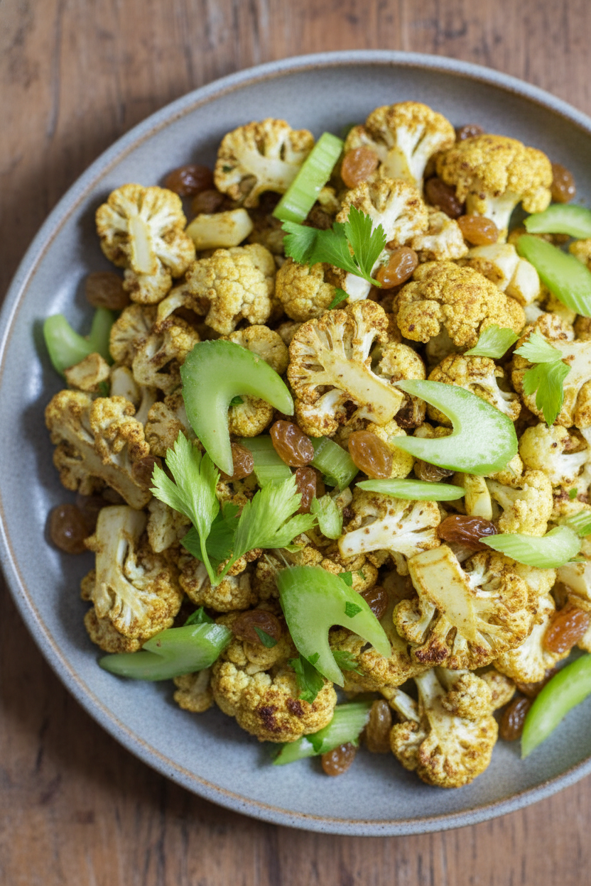 Curried Cauliflower with Golden Raisins and Celery Leaves | Caroline Chambers