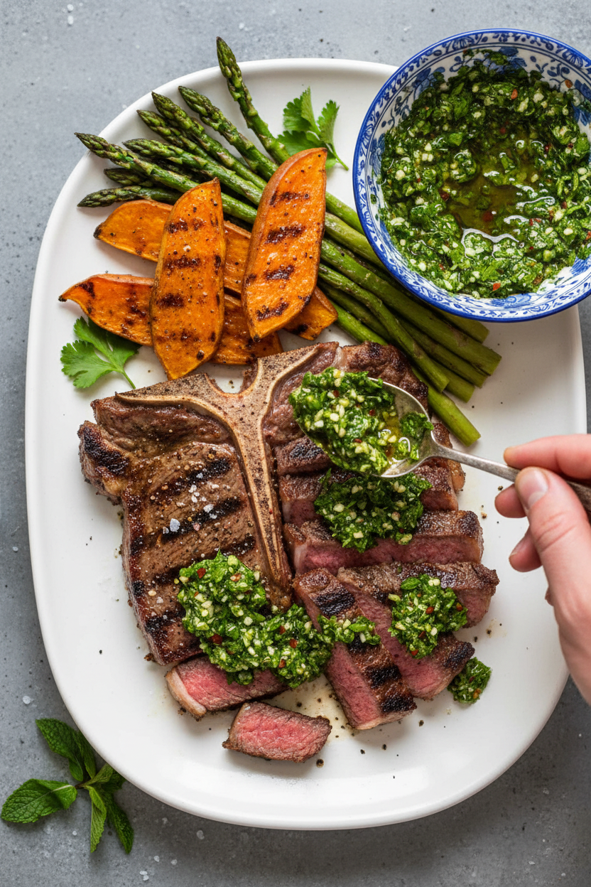 Grilled Steakhouse Dinner with Mint-Cilantro Chimichurri | Caroline Chambers