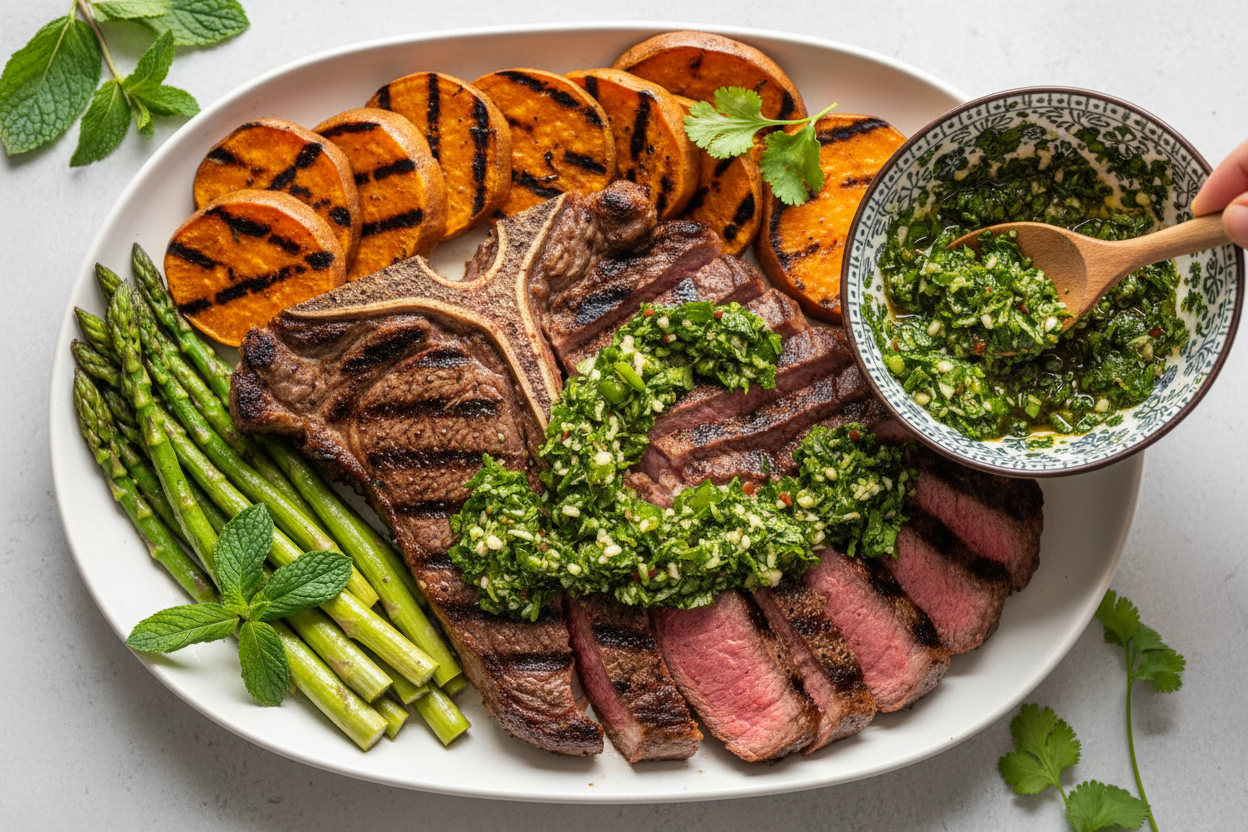 Grilled Steakhouse Dinner with Mint Cilantro Chimichurri