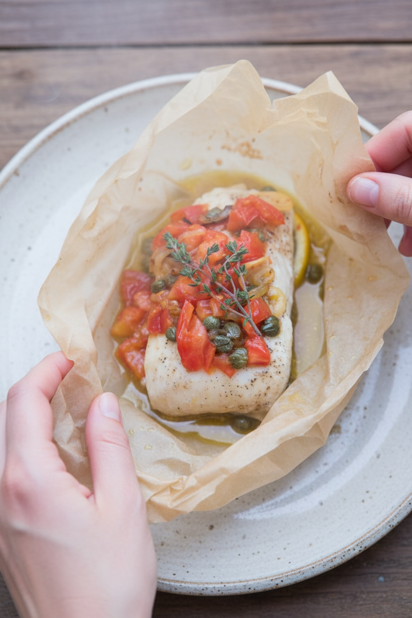 Heirloom Tomato Halibut en Papillote | Caroline Chambers
