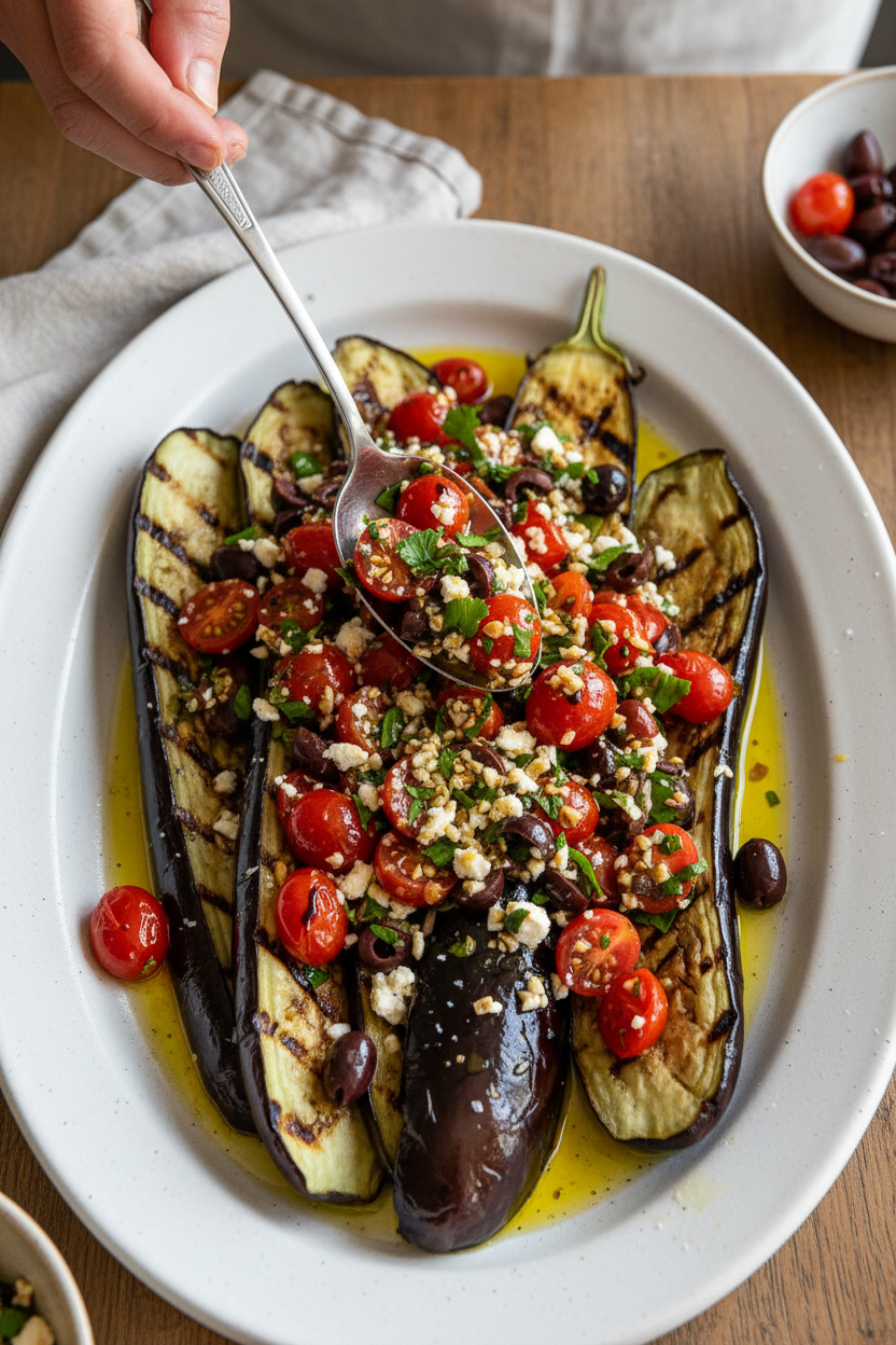 Japanese Eggplant Recipe With a Tomato, Olive and Feta Relish