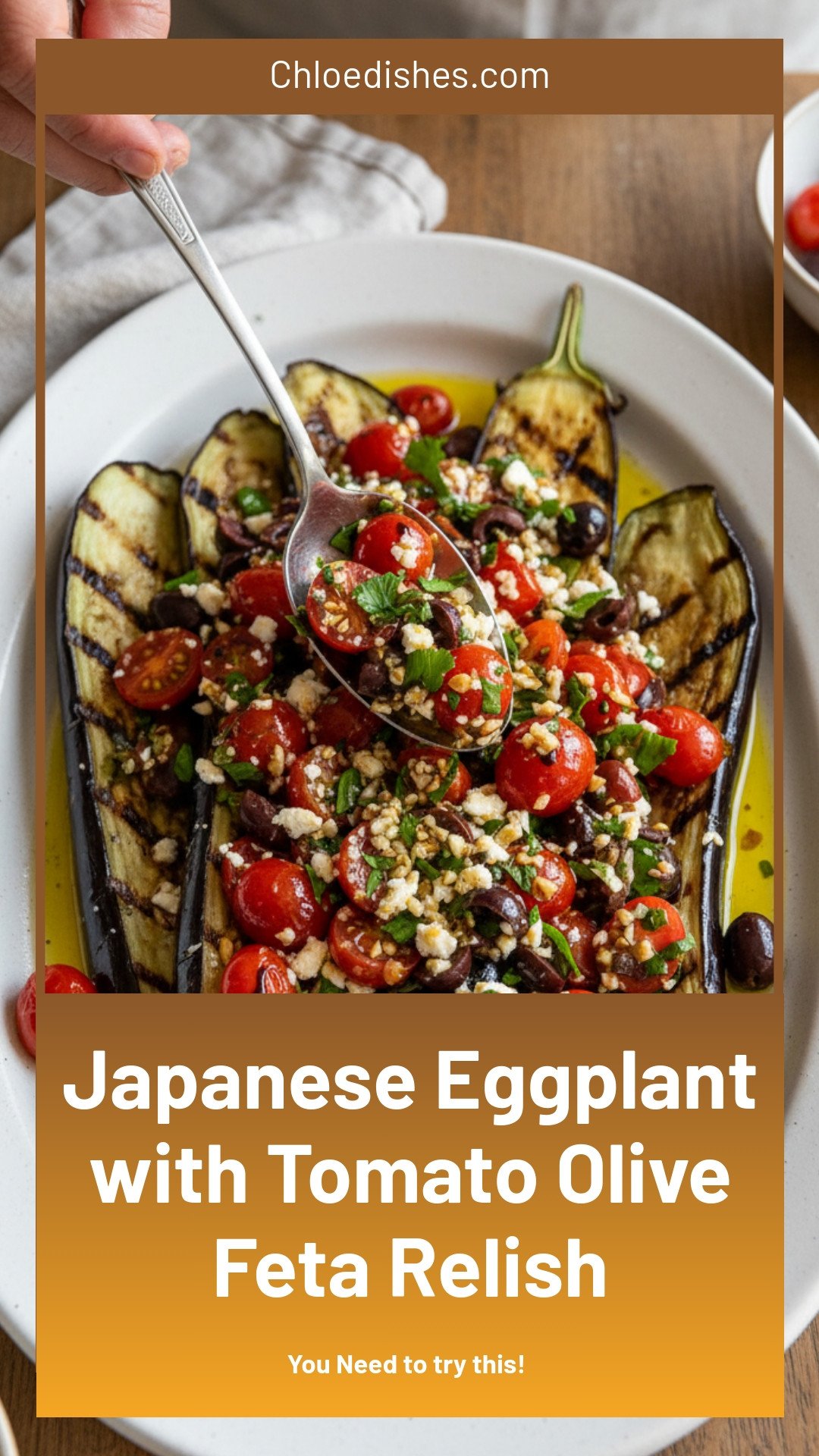 Japanese Eggplant Recipe With a Tomato, Olive and Feta Relish