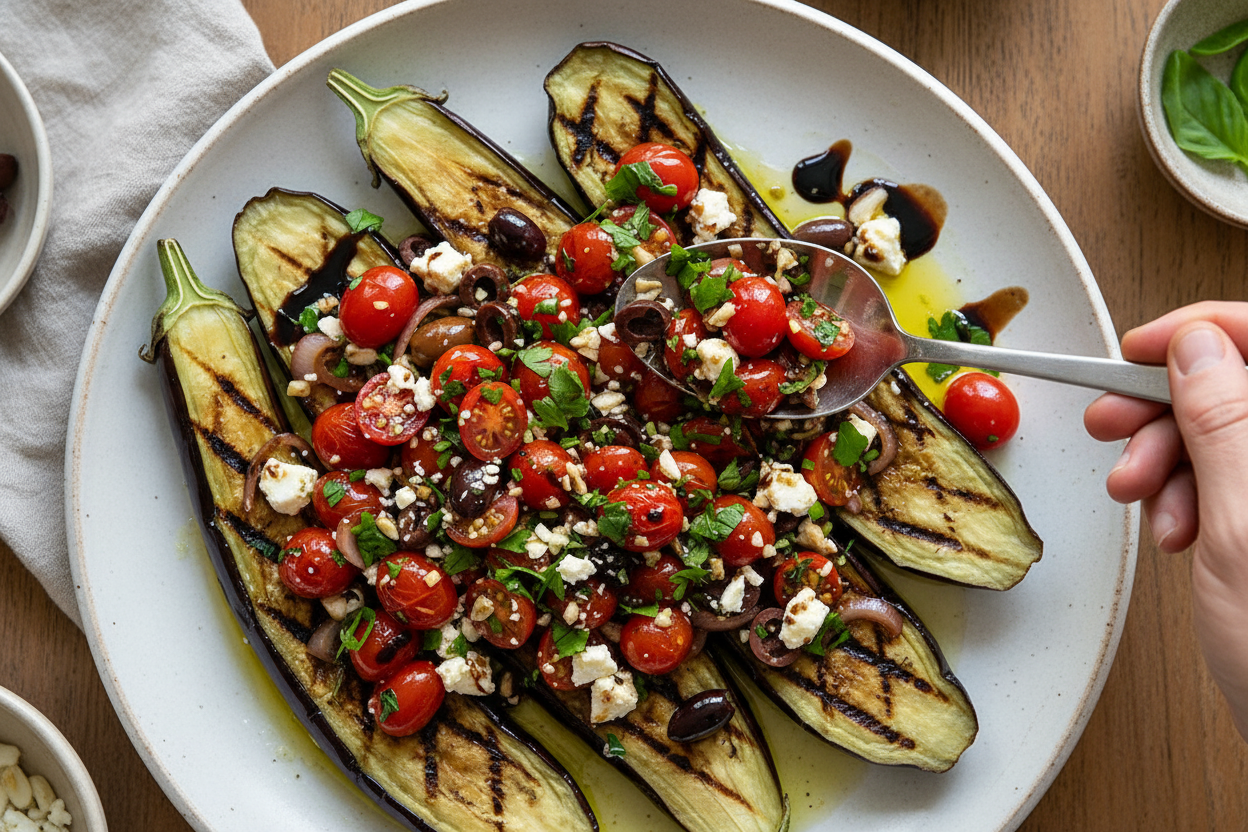 Japanese Eggplant with Tomato Olive Feta Relish
