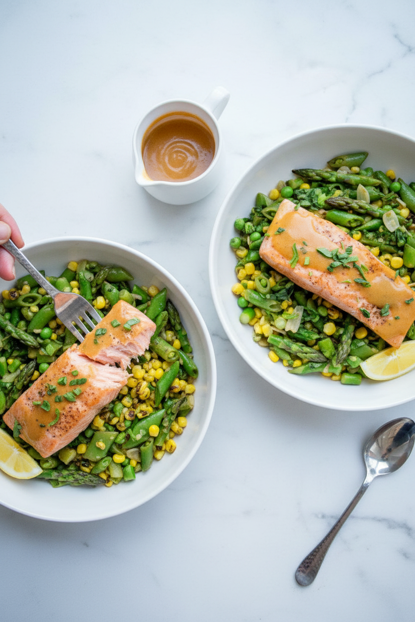 One-Skillet Lemon Butter Salmon with Summer Succotash and Chipotle Honey Mustard Sauce | Caroline Chambers