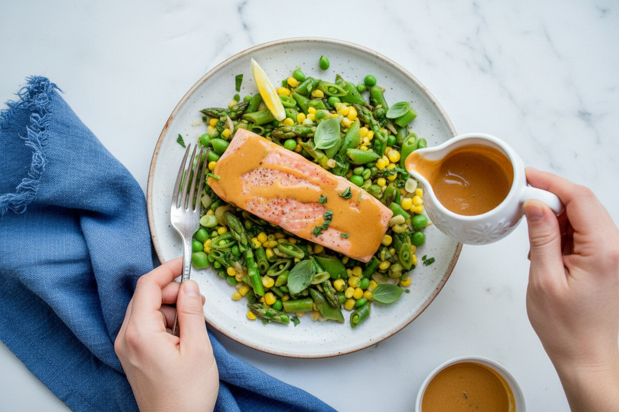 Lemon Butter Salmon with Summer Succotash and Chipotle Sauce