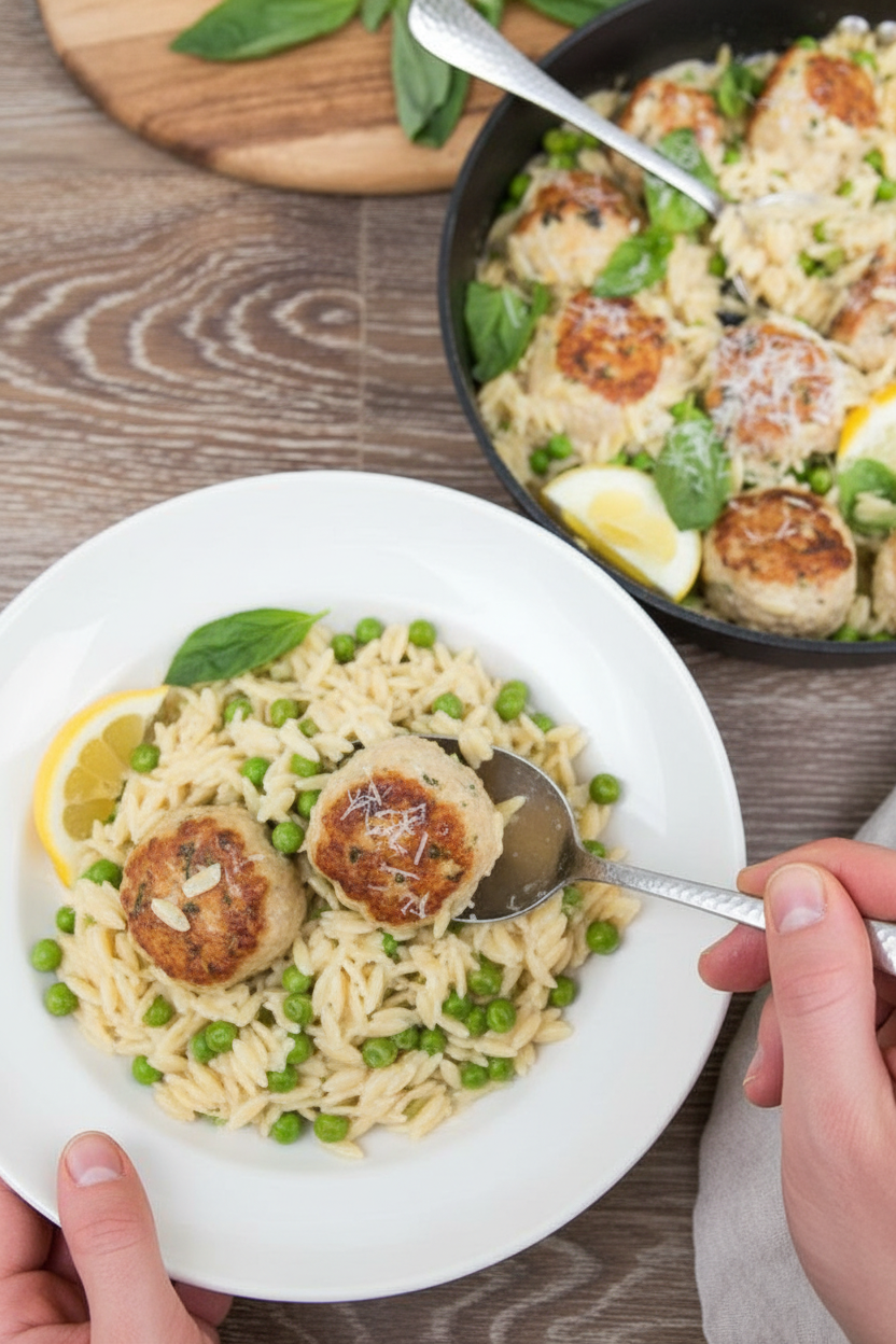 One-Pan Basil Chicken Meatballs With “Orzotto” | Caroline Chambers