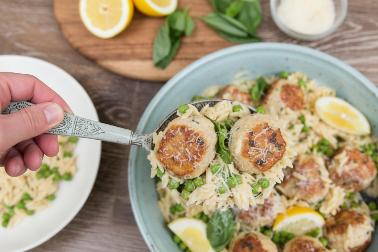 One Pan Basil Chicken Meatballs With Orzotto