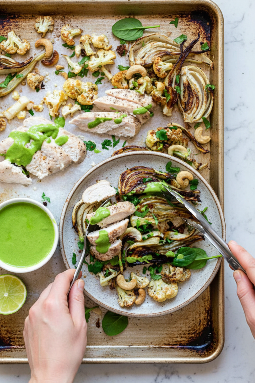 One-Pan Roasted Chicken, Cauliflower, and Fennel with Seriously Good Green Sauce | Caroline Chambers