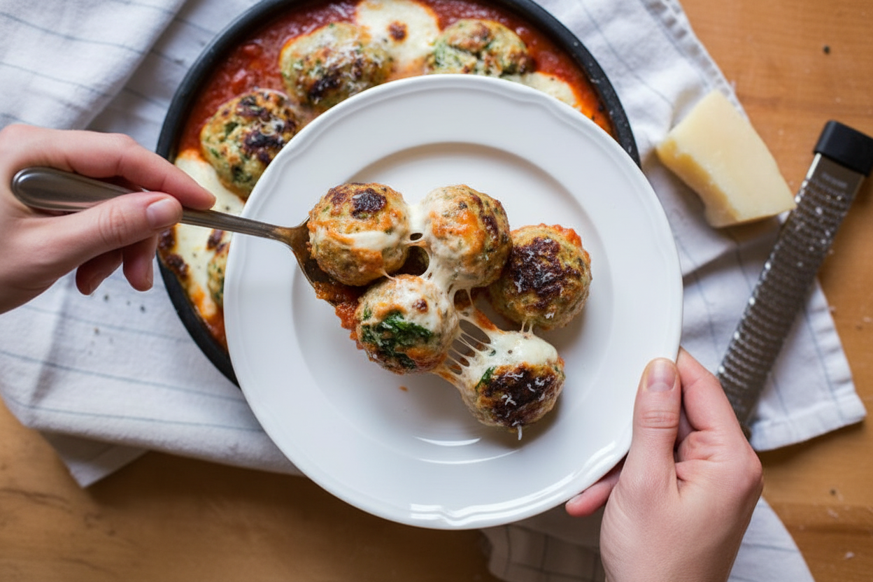 One-Pan Turkey-Spinach Meatball Parm | Caroline Chambers: One Pan Turkey Spinach Meatball Parm Recipe