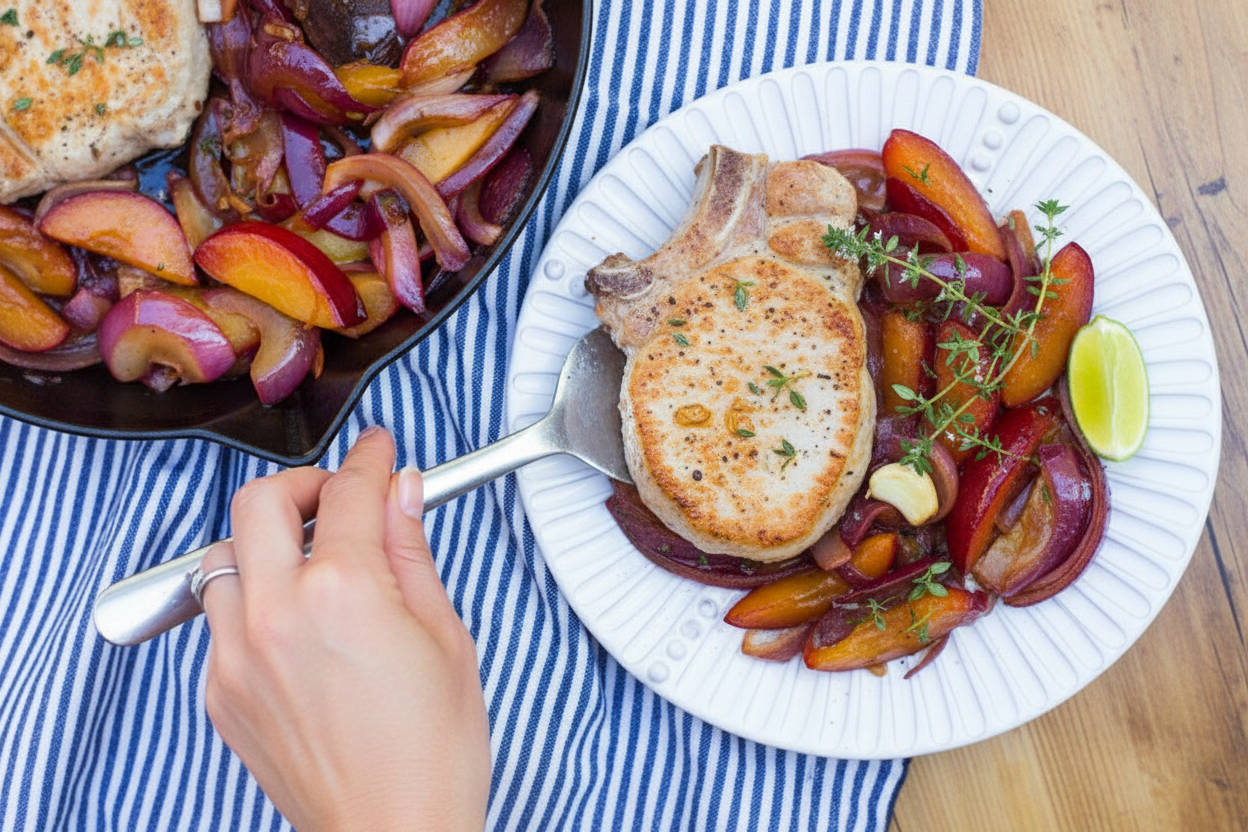 Pork Chops with Plums and Red Onion Skillet