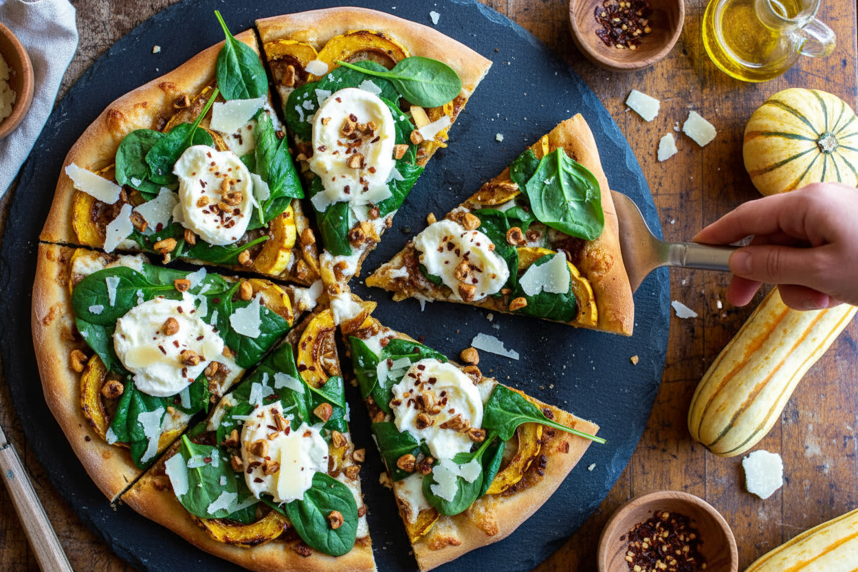 Roasted Delicata Squash Pizza with Burrata & Spinach