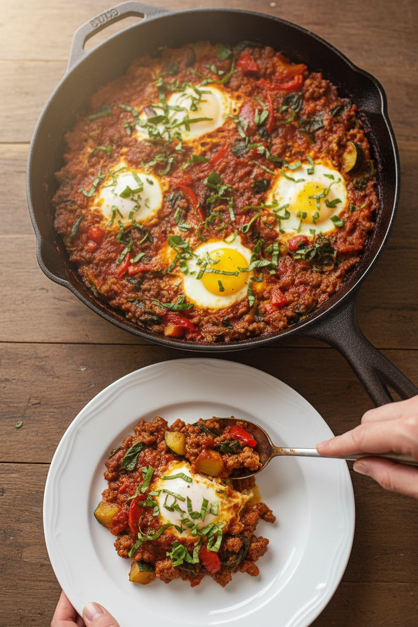 Saucy Sausage Baked Eggs | Caroline Chambers