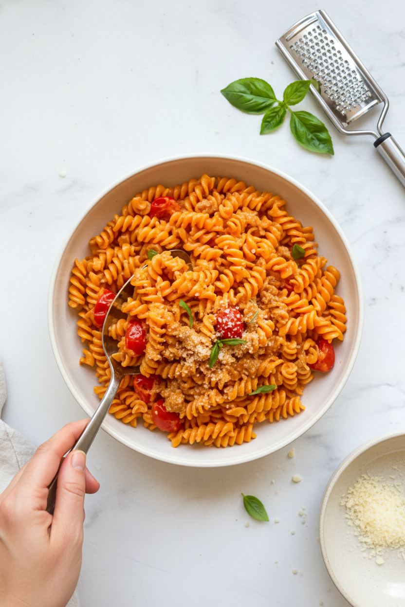 Sausage and Cherry Tomato Pasta Alla Vodka with Barilla® Chickpea Rotini | Caroline Chambers