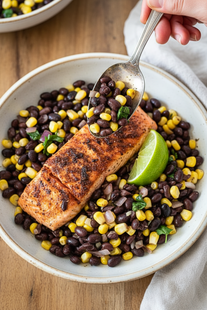 Smoky Spice Rubbed Grilled Salmon with Black Beans and Corn