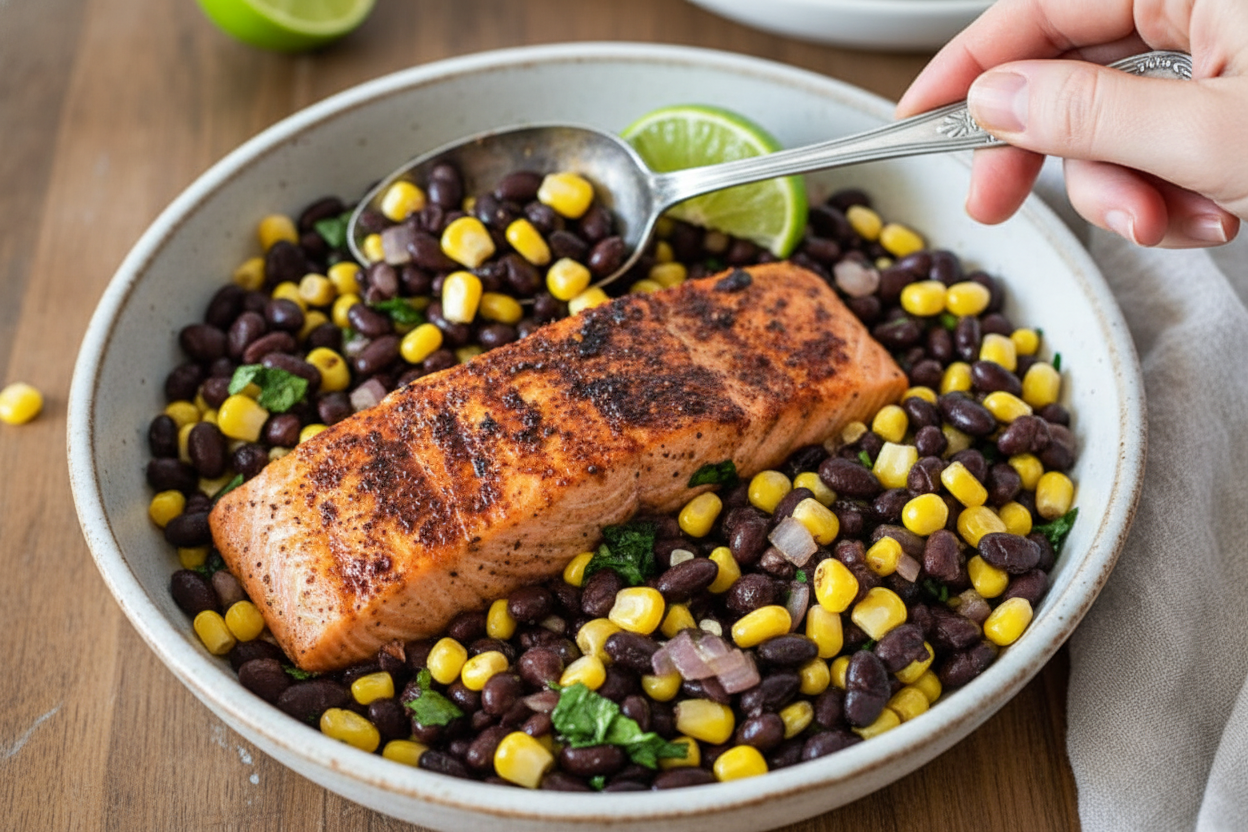 Smoky Spice Rubbed Salmon with Black Beans Corn