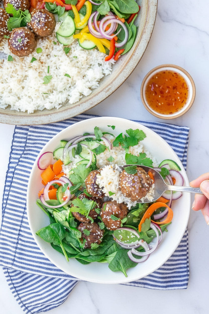 Sweet Chili Meatball Rice Bowls | Caroline Chambers