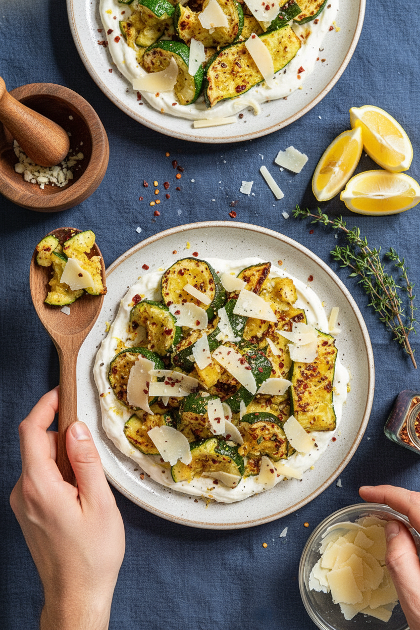 Charred Smashed Zucchini With Lemony Garlic Yogurt