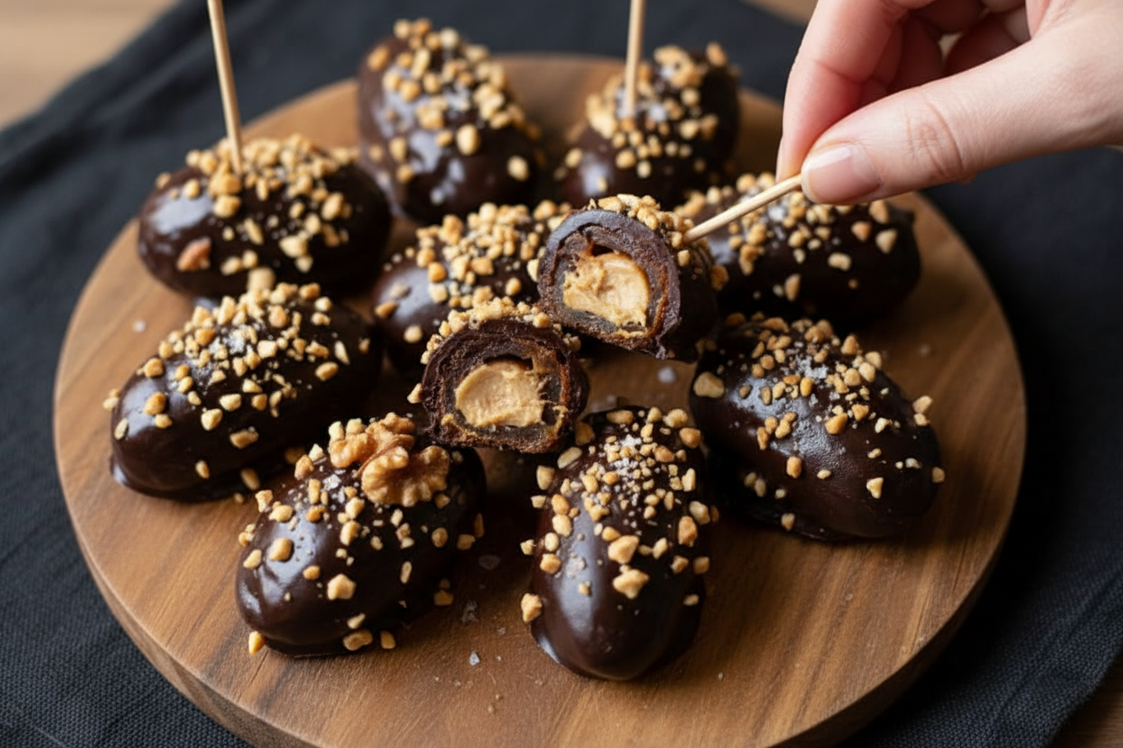 Snickers Style Chocolate Peanut Butter Stuffed Dates
