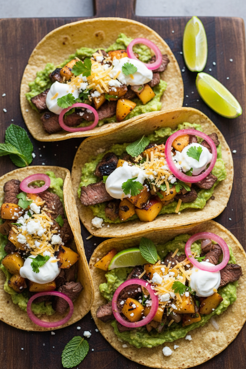 Chipotle Steak Tacos with Grilled Peach Salsa and Mashed Avocado | Caroline Chambers