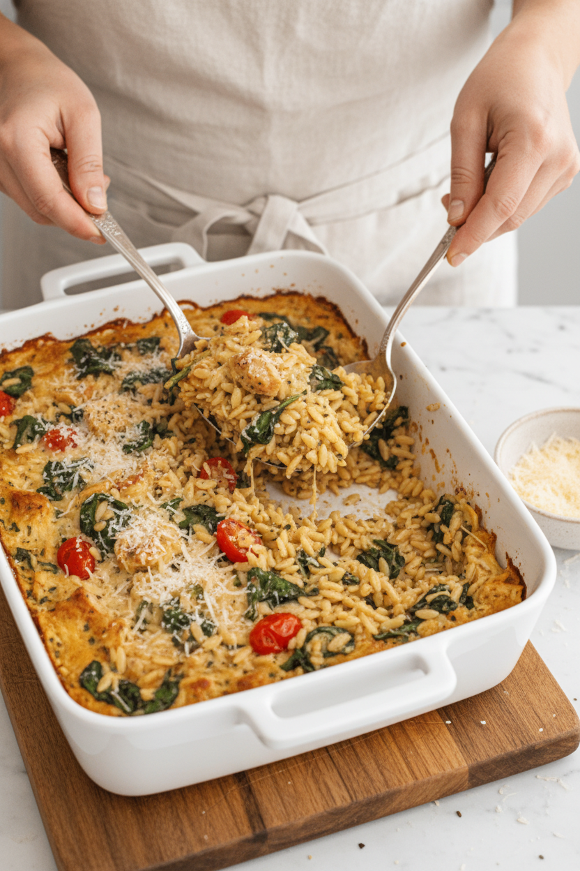 One Pan Spinach and Artichoke Orzo Bake