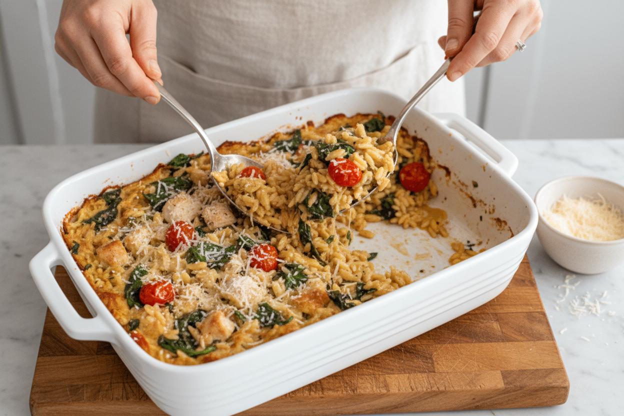 One Pan Spinach Artichoke Orzo Bake