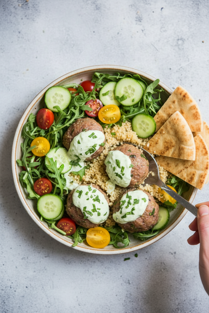 One-Skillet Lamb Meatballs and Couscous with Herby Whipped Feta | Caroline Chambers