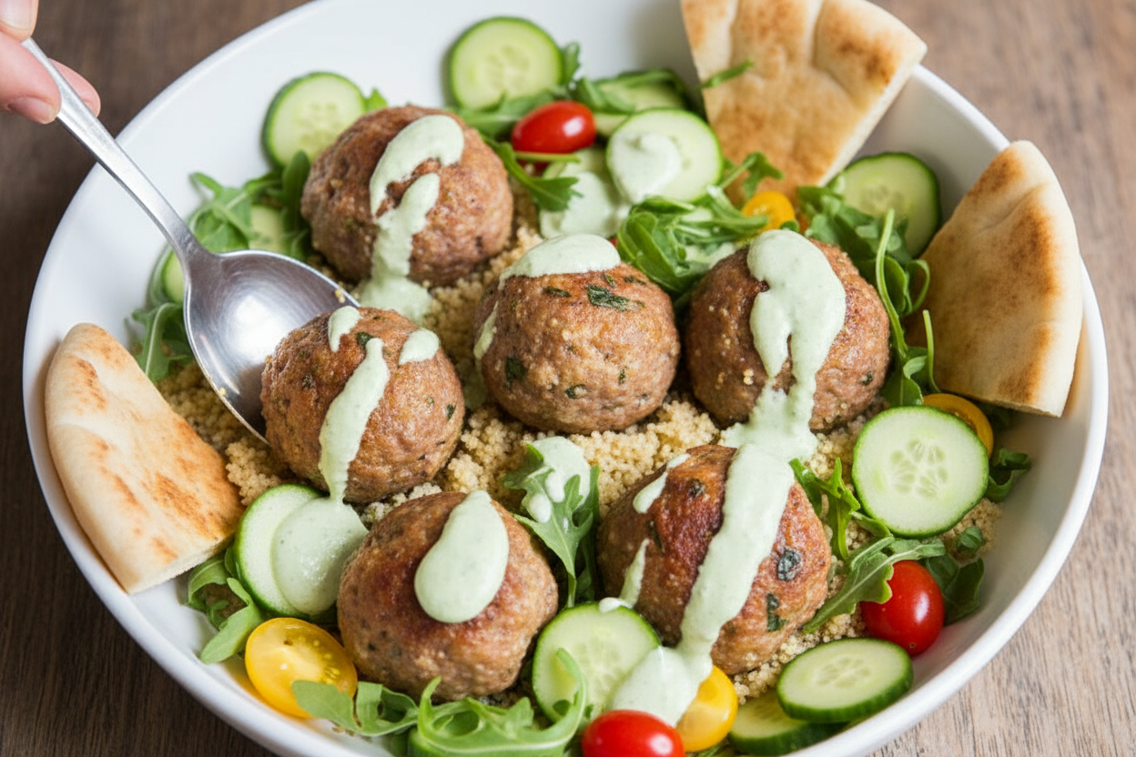 One Skillet Lamb Meatballs with Couscous and Whipped Feta