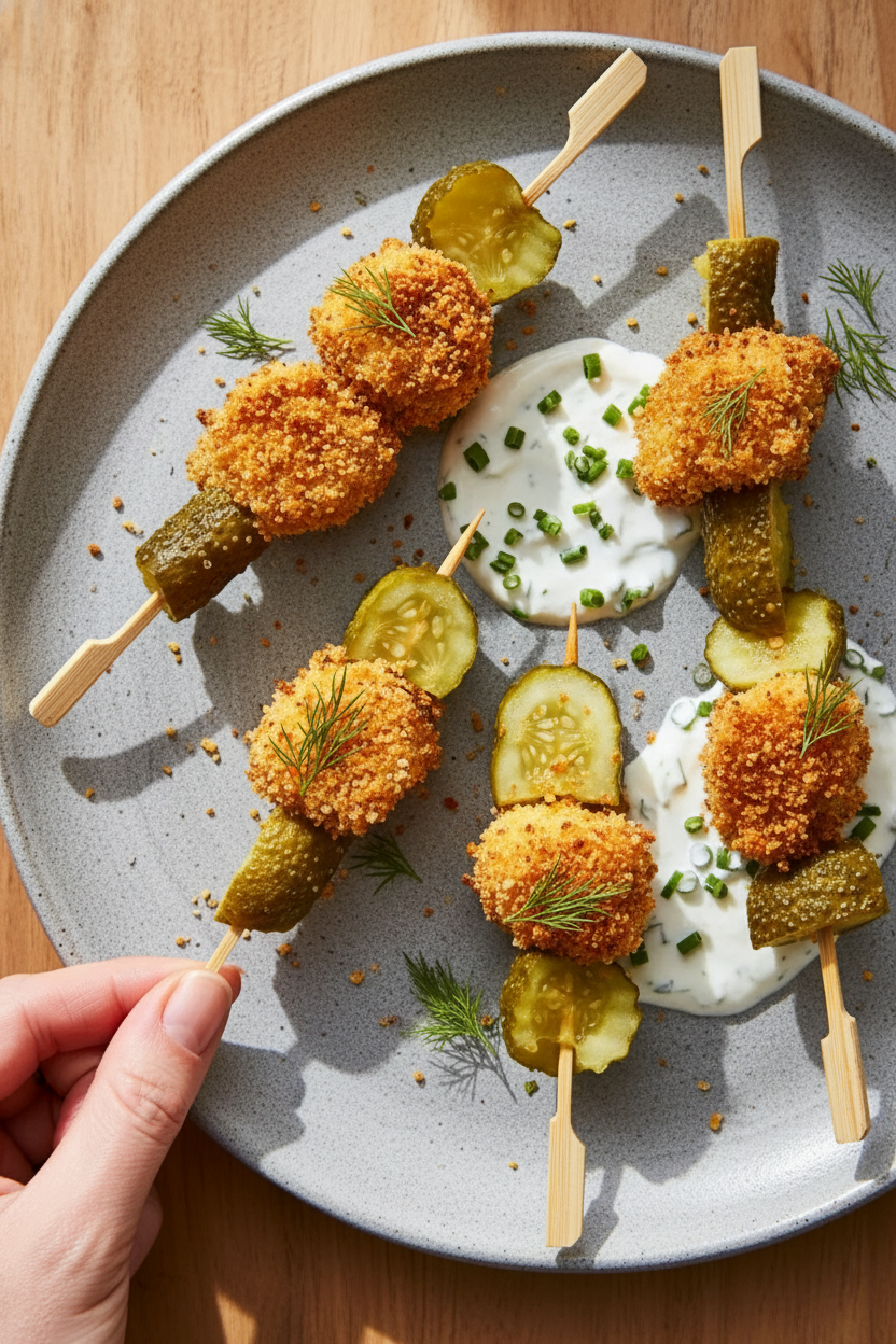 Pickle Popcorn Chicken Skewers