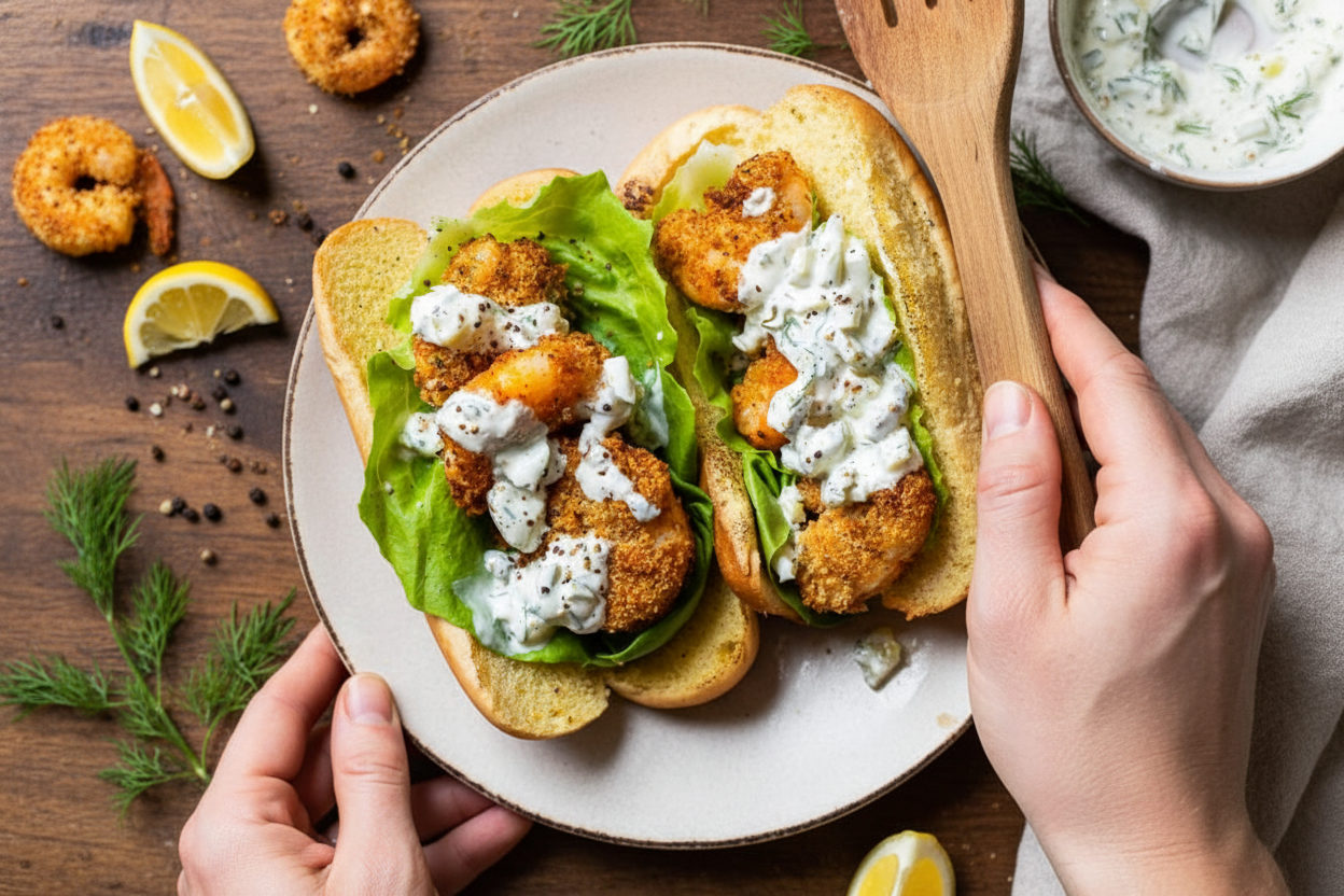 Air Fryer Fried Shrimp Sandwich with Tartar Sauce